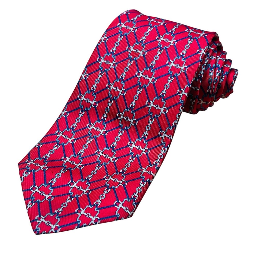 Lord & Taylor Vintage 100% Silk Necktie Red Horsebit Chain Link Lattice